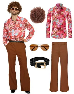 Immagine prodotto di Set completo da discoteca anni '70 - Abbigliamento da uomo - Pantaloni a palazzo - Camicia - Carnevale - Cosplay - Festa di Halloween - Costume da carnevale