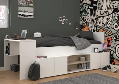 Produktbild von Hochbett >Cleo 1< Stauraum, Liegefl. 90x200, Weiss / Eiche Nachbildung - 241x116x90cm (LxBxH)