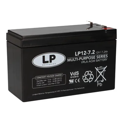 A black battery with labels and markings.