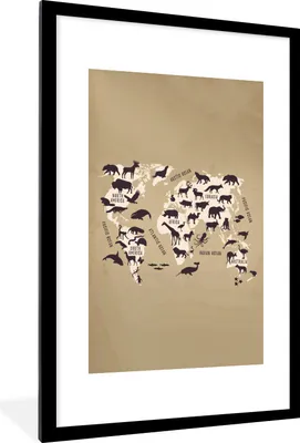 Produktbild von MuchoWow® Gerahmtes Poster Weltkarte - Retro - Tiere 60x90 cm - Poster mit Schwarzem Bilderrahmen Wandposter Rahmen Foto Bilder - Dekoration - Wandposter Wohnzimmer - Hochwertig