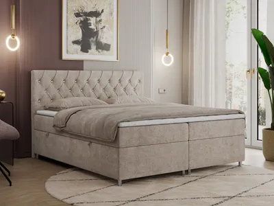 Produktbild von Boxspringbett 160x200 mit Bettkasten, Boxspringbett 160x200 mit Matratze, Doppelbett mit Matratze und Topper - Polsterbett mit Kopfteil - ROMA - 160x200 - Beige - Struktur - H3