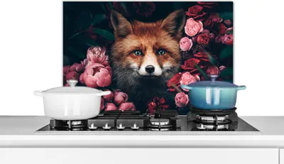 Produktbild von KitchenYeah®  Spritzschutz Küche - Küchenrückwand - Wandschutz für Herd und Spüle - Fuchs - Blumen - Tiere 60x40 - Alu-Dibond (Alternative zum Spritzschutz aus Glas) - Hitzebeständig - Herdspritzschut
