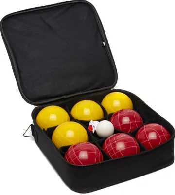 Obrázok produktu pre Boccia (ako misky a petanque) - profesionálna 10 cm - 8 kg v peknej taške - 4 žlté a 4 červené gule - dištančný nôž