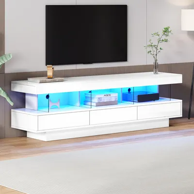 Immagine prodotto di Tavolo TV MODFU con porta in vetro lucido e illuminazione a LED per TV 70 pollici, tavolo TV con controllo Bluetooth-APP per soggiorno, sala da pranzo, Bianco