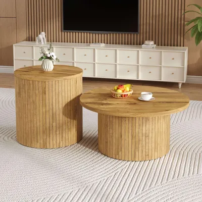 Obrázek produktu pro Sada 2 kulatých konferenčních stolků Merax z MDF, dvojité stolky s lamelami z přírodního dřeva, severský design, lze flexibilně kombinovat, přírodní povrchová úprava