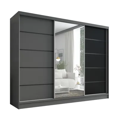 Produktbild von Schwebetürenschrank, 3-türig Schrank 200 cm mit Spiegel ARIVA 2 (Graphit/ Schwarz / Graphit)
