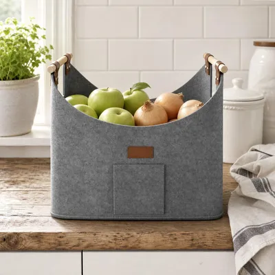Image de YARDIN, panier pliable pour bois de chauffage, couleur gris clair, lot de 6, en tissu non tissé avec poignées en bois, capacité de charge jusqu'à 40 kg, dimensions 50x32x40 cm, sac de rangement polyvalent pour le bois de cheminée