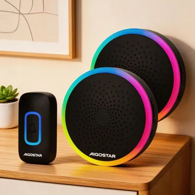 Imagen del producto de Timbre inalámbrico Aigostar con luz RGB, timbre IP55 resistente al agua para exteriores, juego de timbre para puerta principal, 5 niveles de volumen, 60 melodías, alcance de 150 metros, con enchufe, 1 botón de timbre y 2 receptores, color