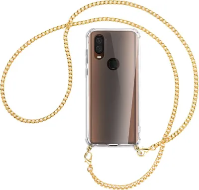 Produktbild von Handykette Backcover-Schutzhülle mit Band (Metall goldfarben) für Motorola One Vision - goldfarbene Kette