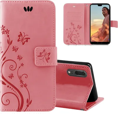 Produktbild von Handytasche für Huawei P20 Blumen Flip Cover Buchhülle mit Magnetverschluss, Pink