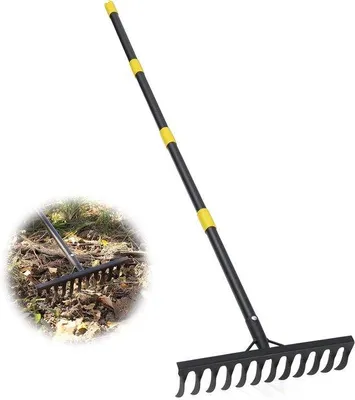 Zdjęcie produktu dla Grabie ogrodowe 189 cm – metalowe grabie z uchwytem, 12 stalowych zębów – do spulchniania gleby, wyrównywania trawnika, zamiatania liści – narzędzia do pielęgnacji trawnika i liści