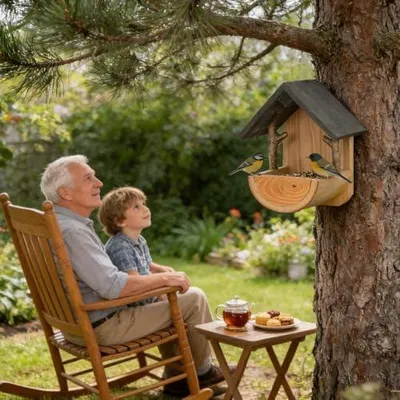 Produktbild von Vogelhaus-Futterspender aus Holz für die Wandmontage, wetterfest