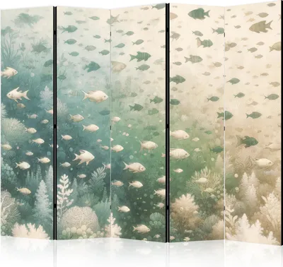 Produktbild von 5-teiliger Einseitiger Vlies Paravent - Fish and Diverse Vegetation - A Group of Fish in Pastel Muted Colors Among Oceanic Vegetation 225x172 cm Tiere g-H-10114-z-b