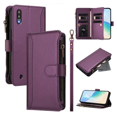 Produktbild von Handyhülle für Samsung Galaxy A10 Reißverschluss Geldbörse Kunstleder Klapphülle mit Kartensteckplatz, Ständer, Handschlaufe Lila
