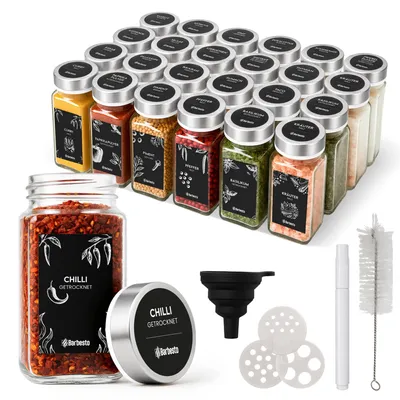 Produktbild von CLP 24er Set Gewürzgläser eckig 120ml Streueinsätze Etiketten Trichter Bürste Farbe silber Material Edelstahl
