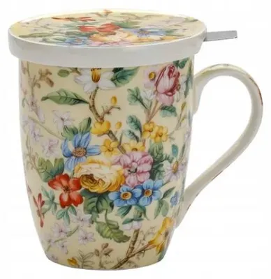 Imagen del producto de TAZA CON INFUSOR CERÁMICO Y TAPA flores de 450 ml Bone China