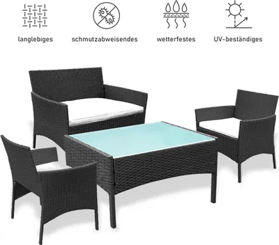 Immagine prodotto di set di mobili da giardino karpal gruppo di sedute da balcone in polirattan nero resistente set da salotto con divano a 2 posti, sedie singole, tavolo e cuscini di seduta¡