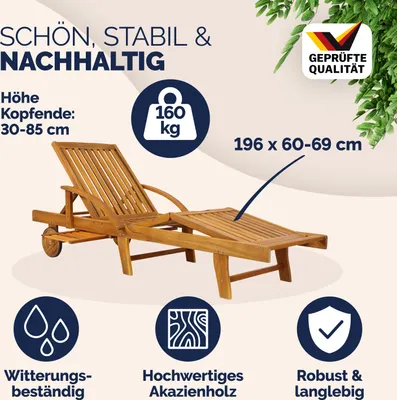 Produktbild von Casaria® Sonnenliege 2er Set Klappbar Wetterfest 2 Personen Holz Gartenliege mit 2 Räder Ablage Tisch Liegestuhl Verstellbare Rücken- Fußlehne Garten 196cm