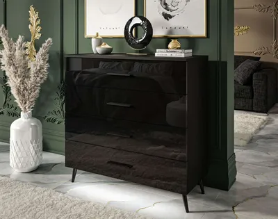 Produktbild von Kommode AURA 4S Schwarz/Schwarz Hochglanz mit schwarzen Beinen