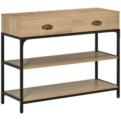 Produktbild von HOMCOM Konsolentisch Eingangstisch mit 2 Schubladen und 2 Lagerregalen, Stahlrahmen, Flurm?bel fš¹r Flur, Wohnzimmer, 100 x 35 x 79,2 cm, Eiche
