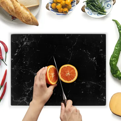 Produktbild von Glasschneidebrett Schneidebrett Servierplatte - 40 x 30 cm - Antirutsch - Schwarz Marmoroptik - Hitzebeständig