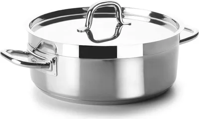 A shiny, stainless steel stewpot with a lid and handles, shown from a side angle against a white background.