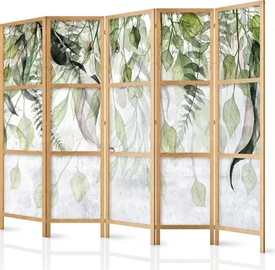 Produktbild von Paravent XXL 225x171 cm 5-teilig einseitig eleganter Sichtschutz Raumteiler Trennwand Raumtrenner Holz Design Motiv Deko Home Office Botanik Natur b-C-0873-bh-c