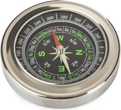 A close-up view of a metal compass.