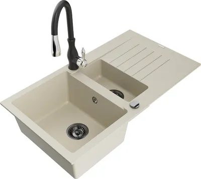 Produktbild von Mexen Matias 1,5-Becken-Granitspüle mit Abtropffläche und Mischbatterie Savita, Beige - 6502-69-672601-70