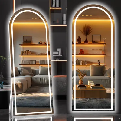 Image de Miroir de pied, miroir pleine longueur avec éclairage LED, dimensions 200x90 cm, blanc, design en arc, avec variateur d'intensité