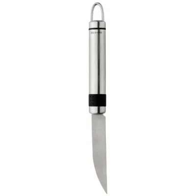 A stainless steel vegetable peeler with a black grip and a hanging loop, presented against a white background.