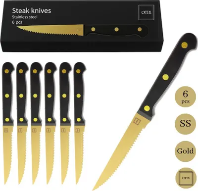 Produktbild von OTIX Steakmesser-Set aus 6 Stück, gold-schwarze Fleischmesser, spülmaschinenfestes Steakmesserset aus Edelstahl