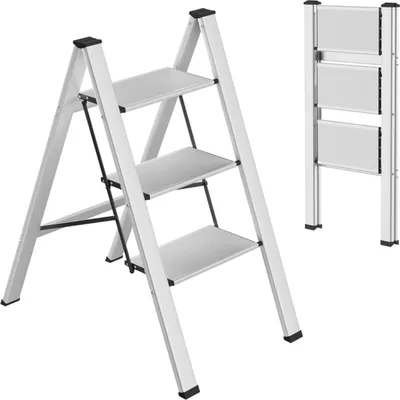 Immagine prodotto di Scala domestica a 3 gradini – Scala pieghevole in alluminio – Piedini antiscivolo – Leggera e portatile – Portata massima 150 kg – Colore argento