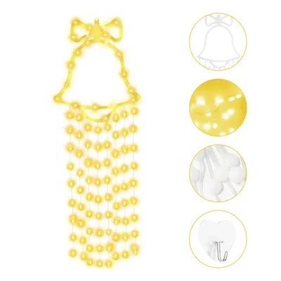 A decorative bell-shaped light string with hanging lights and a bow on top, shown with detail shots of the outline, lights, and a hook.