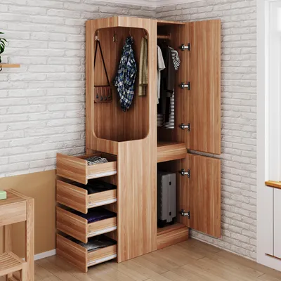 Produktbild von Flieks Eckkleiderschrank mit Tür und 4 Schubladen, Kleiderschrank mit offenem Hängebereich, Garderobenschrank 70x40x170cm, Naturbelassen