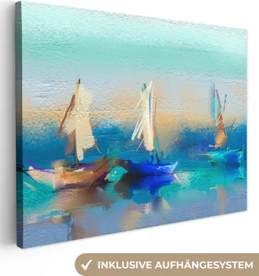 Produktbild von MuchoWow® - Leinwandbilder - Gemälde - Ölfarbe - Boot - Abstrakt, Wandbild, Wanddeko Bilder Wohnzimmer, 80x60 cm