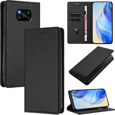 Image de Etui en cuir pour Xiaomi Poco X3 / X3 NFC / X3 Pro, Litschi cuir, étui portefeuille avec fentes pour cartes et support Noir