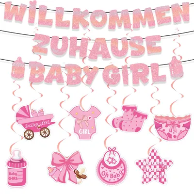 Produktbild von Willkommen Zuhause Baby Deko Girlande - 11-teiliges Set - Dekoration für Mädchen - Rosa