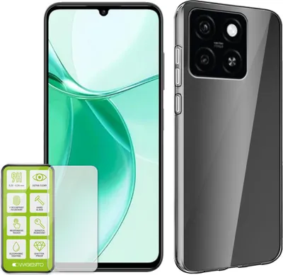A smartphone and a screen protector are displayed side-by-side against a white background.