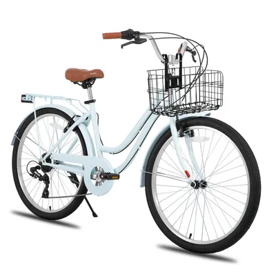Produktbild von Hiland 26 Zoll 7 Gang Pendler Stadtfahrrad für Männer und Frauen, Step-Through Rahmen Cityräder für Erwachsene mit Gepäckträger und Korb, Fender