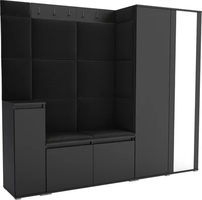 Produktbild von Garderoben-Set Noris VIII mit Spiegel, gepolsterte Garderobe 145 cm mit Schuhkommode, Wandpaneelen und Sitzbank (Farbe: Schwarz+ Trinity 16)