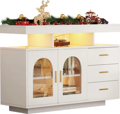 Zdjęcie produktu dla Kredens LED, szafka barowa 120 cm, szafka z szufladami, kredens do salonu, szafka kuchenna z 16-kolorowym oświetleniem do jadalni