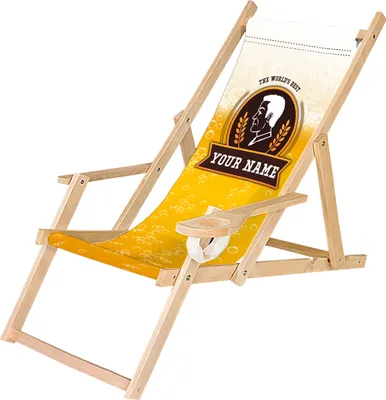 A personalized wooden deck chair with a beer-themed design.