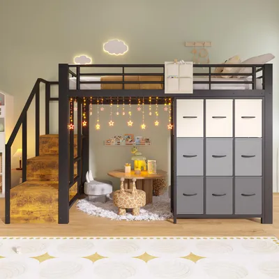 Produktbild von Hochbett 140x200 cm Metall Schwarz, platzsparendes Etagenbett mit Treppe & Stauraum, inkl. Kleiderstange & Schubladen, stabiler Hochschläfer für Jugendzimmer