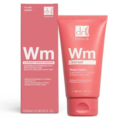 Produktbild von Watermelon 2-in-1 Reiniger & Make-up-Entferner 100ml. Dieser Reiniger befreit die Haut sanft von Make-up und Unreinheiten. Die Kombination aus Glykolsäure, Salicylsäure und Milchsäure unterstützt ein verfeinertes und klares Hautbild. Glykolsäure, Salicylsäure, Milchsäure.