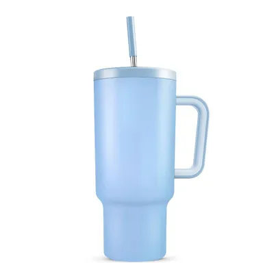 Produktbild von Fine Life Pro Thermobecher Trinkflasche mit Strohhalm 1.2L Kühlt 11 Stunden - 34 Stunden Eisgekühlt - Kaffeebecher To Go, Hellblau