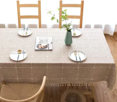 Produktbild von Waschbares Tischdecken 140 x 200 Tischdecke Baumwolle Leinen rechteckige Tischdecke beige mit Fransen für Zuhause Küche Esstisch Dekoration