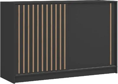 A studio shot of a black sideboard with wooden slats on the left side.