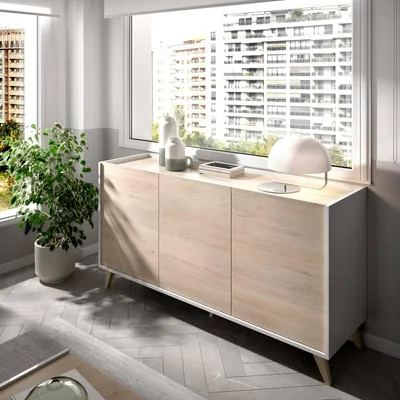 Produktbild von Sideboard Dadop, Buffet für Wohnzimmer, Modernes Sideboard für Wohnzimmer mit 3 Türen, 155x43h75 cm, Eiche und Weiß