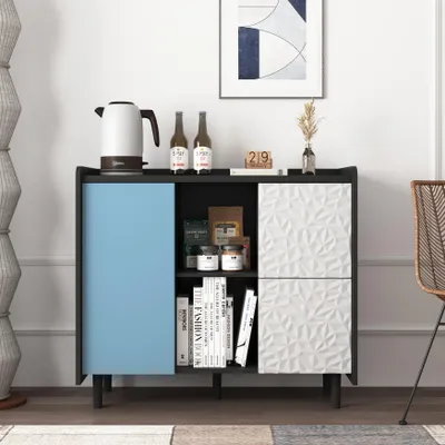 Image de Buffet à 2 tiroirs et 2 portes, meuble de cuisine moderne avec étagères ouvertes, 90 x 40 x 80 cm, noir et bleu
